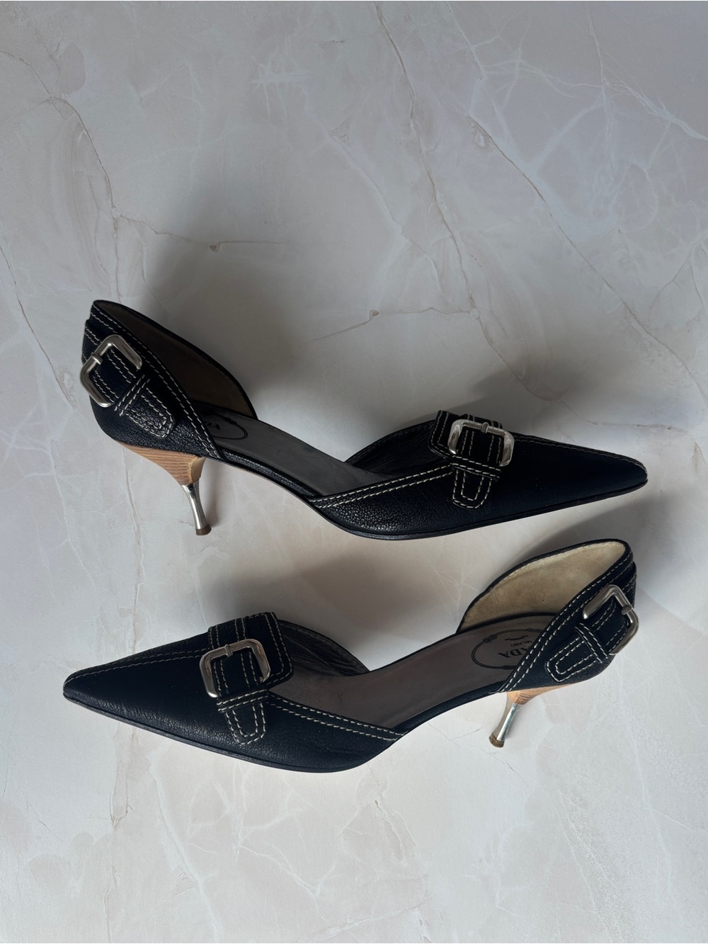 vintage Y2K Prada black leather silver buckle pointed toe kitten heel - Picture 6 of 7